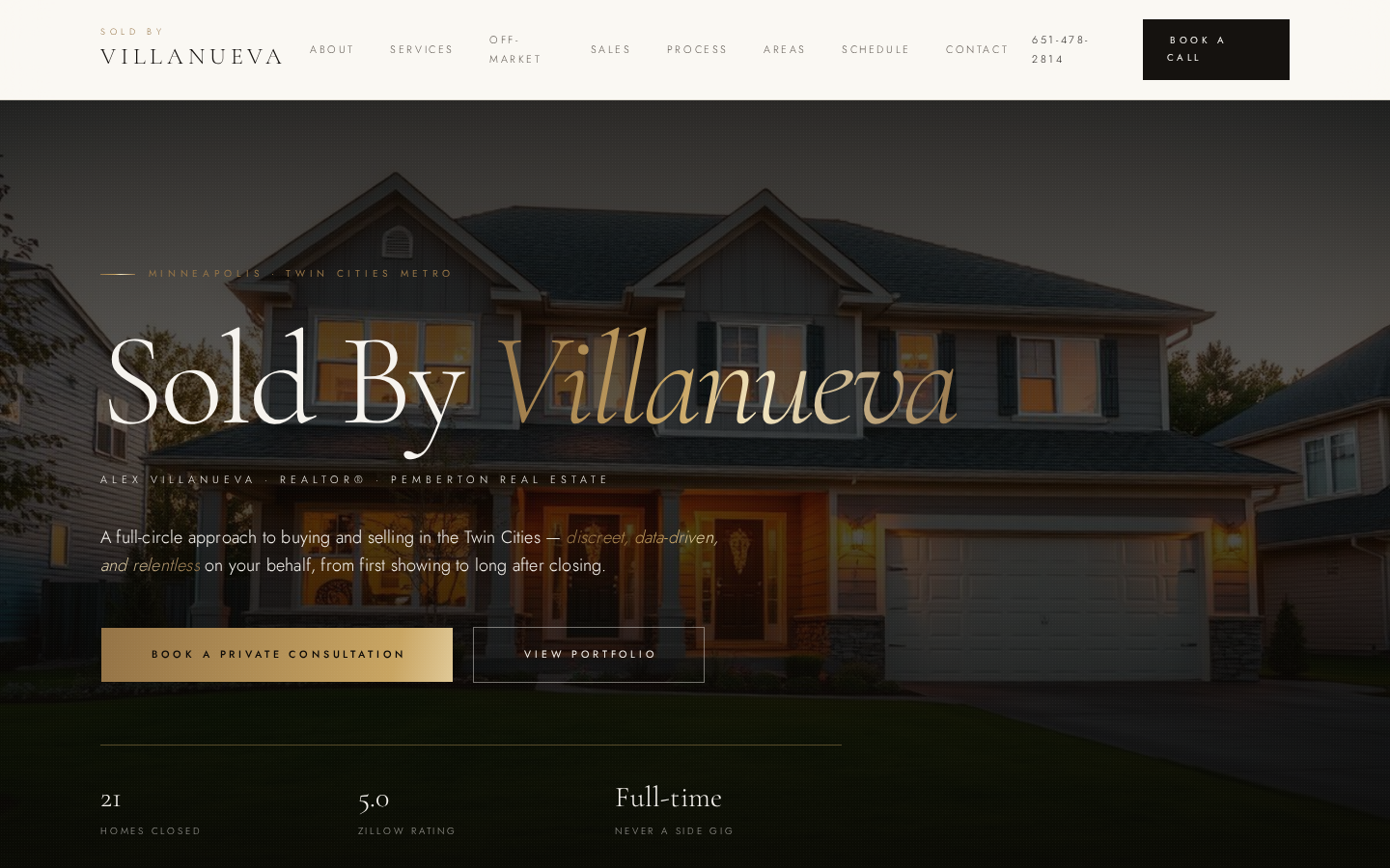 Sold By Villanueva white, black and gold real estate homepage on desktop