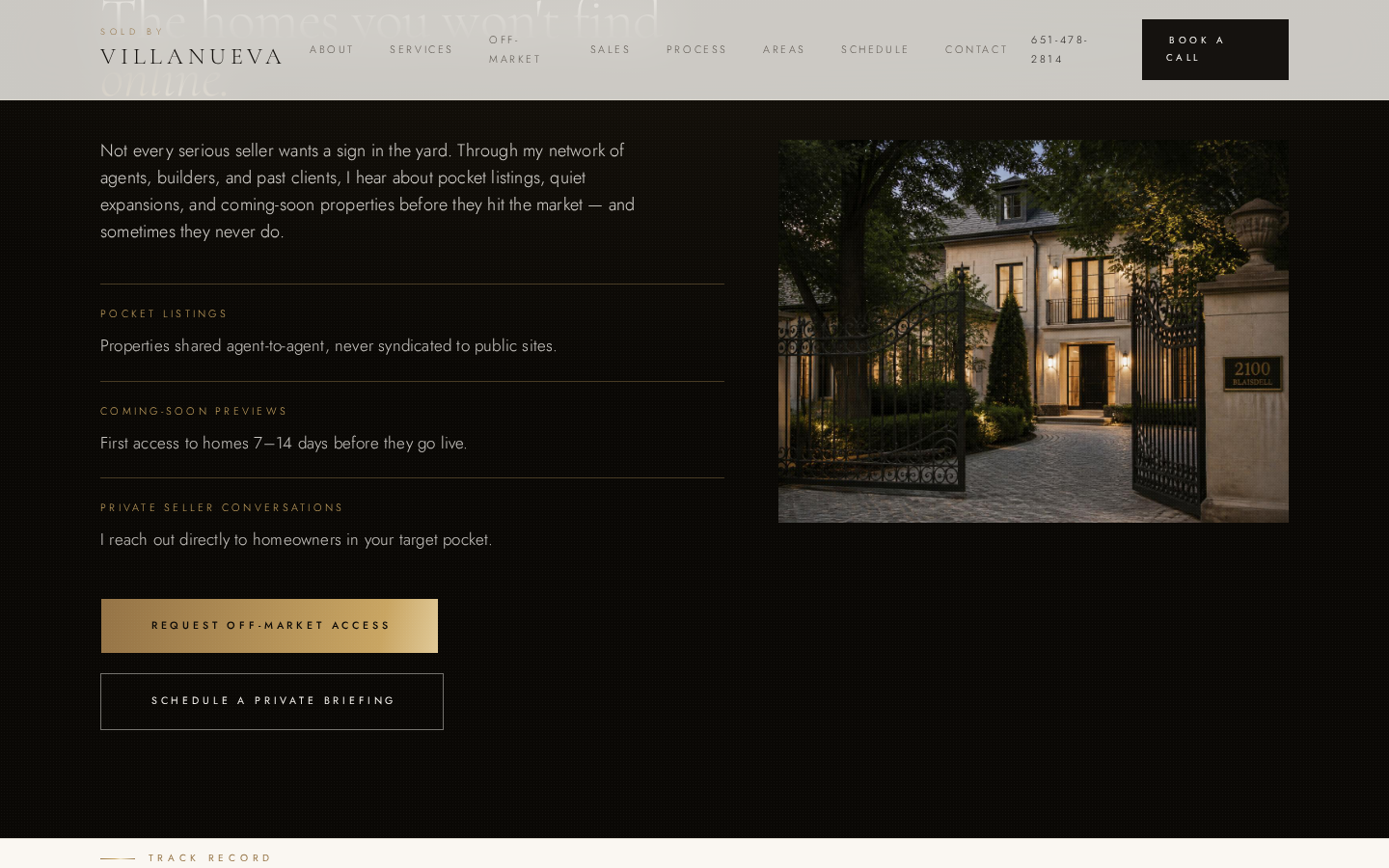 Sold By Villanueva off-market property section with black and gold styling